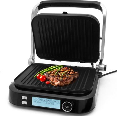 Контактний гриль KLAMER з 7 автоматичними програмами, знімні пластини з антипригарним покриттям, 2100W, чорний & нержавіюча сталь