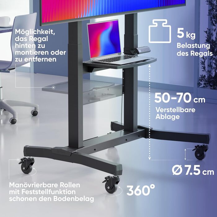 ONKRON Телевізійна тумба на колесах для телевізорів 50-100 дюймів, електрична, з підйомом, max 130 кг, VESA 1000x600, чорна TS1991E-B