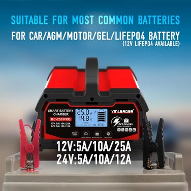 Зарядний пристрій для акумулятора 25A 12V/24V - Автоматичний зарядний пристрій для акумулятора з LCD-дисплеєм, підходить для LiFePO4 акумуляторів