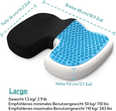 Ортопедична подушка для сидіння Bonmedico з Memory Foam та гелевим наповнювачем - для автомобіля, офісного крісла, інвалідного візка. Чорний велюр, великий розмір.