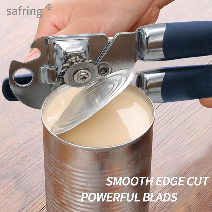 Відкривачка для консервів ручна, з нержавіючої сталі, з зручною ручкою, гостра клинка, гладка кромка, з функцією відкривання пляшок (Блакитна)