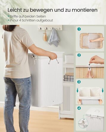 SONGMICS Кошик для білизни з кришкою, 2 відділення, бамбук, складаний, знімний мішок, для прання, з ручками, 120 л, білий