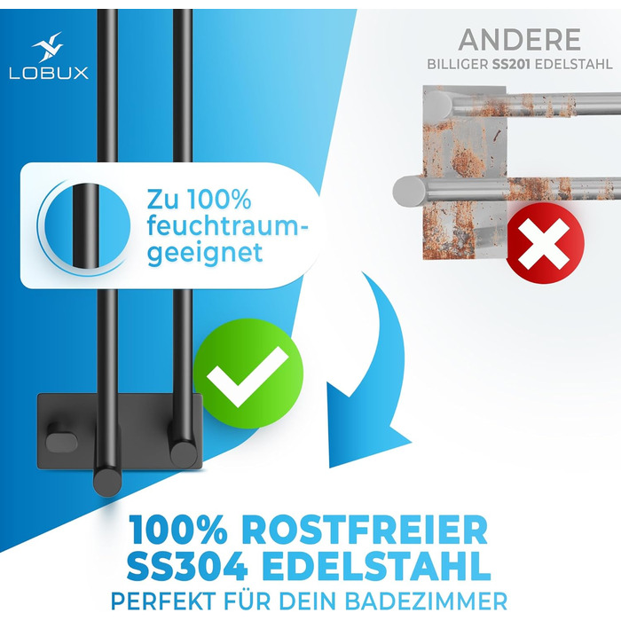 Тримач для рушників без свердління, чорний, 80 см, нержавіюча сталь, подвійний, самоклеючий, з 2 гачками, для ванної кімнати, душової кабіни, кухні
