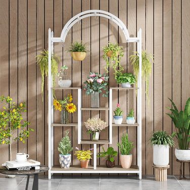 Плантатор Tribesigns з 5 полицями для дому, металева конструкція, полиці-арки з гачками, велика підставка для квіткових горщиків, для саду, балкону, вітальні, білий та сірий