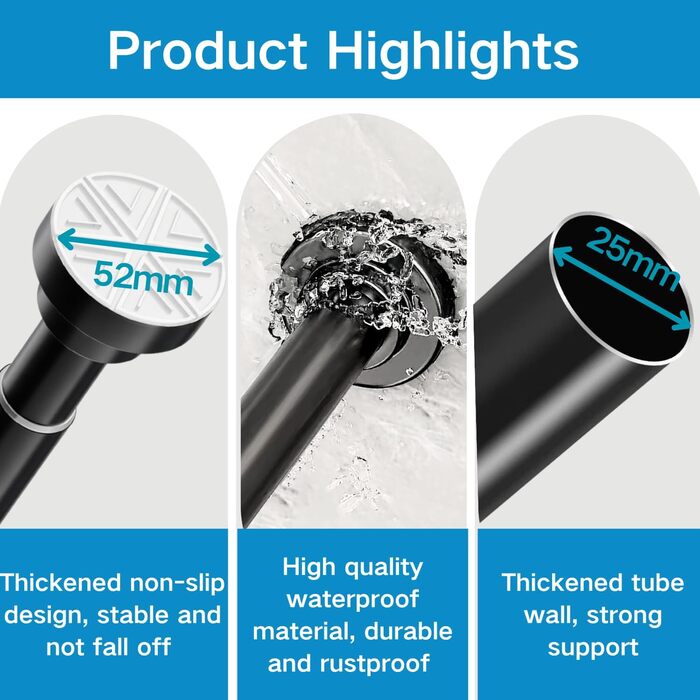 Висувна штанга для душу з нержавіючої сталі 185-250 см, без свердління, чорна