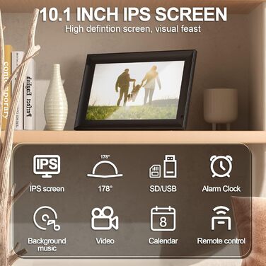 Цифровий фоторамка OBVHNUA 10.1' з 128 ГБ пам'яті, без Wi-Fi, IPS-дисплей 1280*800, відтворення фото, музики, відео, календар, USB/SD, настінний монтаж