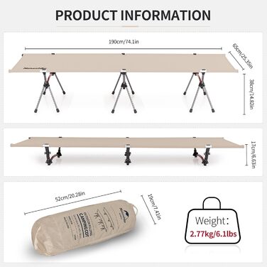 Польове ліжко Naturehike Ultralight: складане кемпінгове ліжко, витримує до 150 кг, регульована висота, бежеве