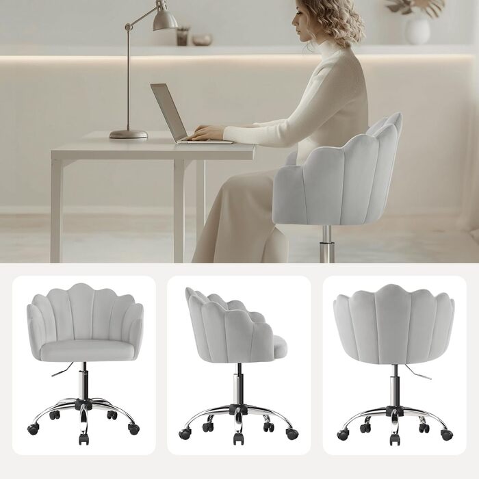 Крісло WOLTU для дому та офісу з м'якою спинкою у вигляді пелюсток, обертове, з регулюванням висоти, для робочого кабінету, спальні, сіре (велюр)