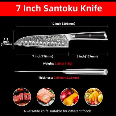 Ніж Sunnecko Дамаск - кухонний ніж. Гострий ніж з дамаської сталі. Азіатський універсальний кухонний ніж для дому та кухні з ергономічною ручкою (7 дюймів Сантоку)