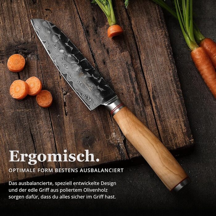 Японський ніж Santoku Wakoli Olive з дамаської сталі (серцевина VG10), 13 см – гострий та ергономічний – ніж з ручкою з оливкового дерева в подарунковій коробці, для овочів та фруктів