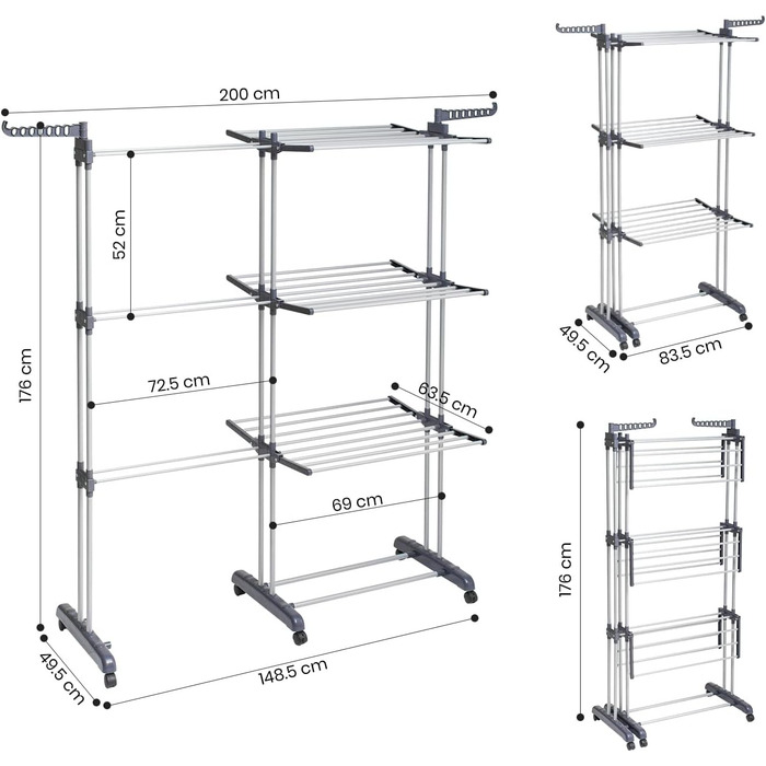 Вежа для сушіння дуба та чаю - 4 полиці, розкладні 83-200 см, з колесами, для внутрішнього та зовнішнього використання, сірий