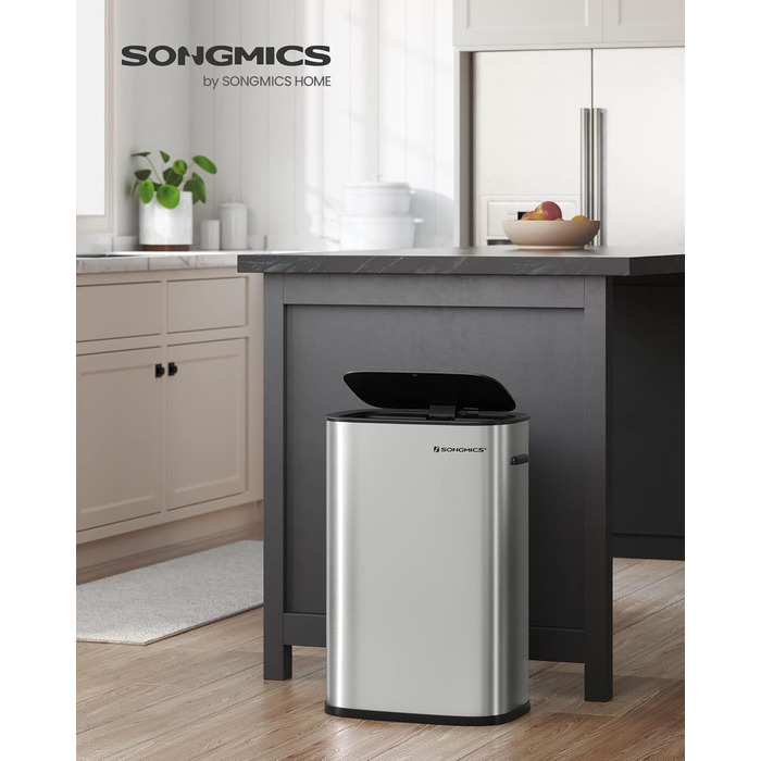 Відро для сміття SONGMICS з датчиком 50 л, з м'яким закриттям, з нержавіючої сталі, з кільцем для пакетів, 15 пакетів в комплекті, срібний (LTB610E50)