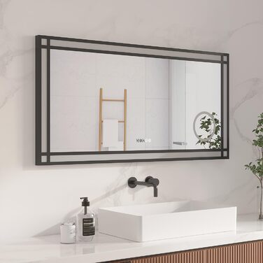 Дзеркало для ванної кімнати AQUABATOS LED з підсвічуванням 50x70 см, імітація вікна, сенсорне регулювання, протитуманне покриття, чорний алюмінієвий каркас, індустріальний стиль, холодний білий світлодіодний дзеркало