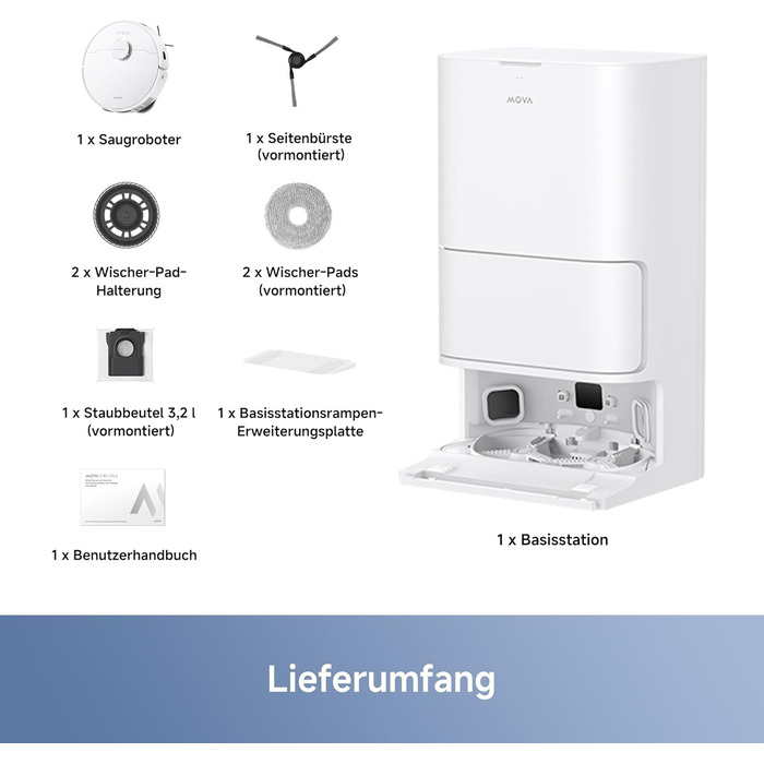 Робот-пилосос Mova E40 Ultra з функцією миття, автоматичним очищенням, потужністю 19000 Па, MaxiReach-мопом, бічними щітками, вбудованим резервуаром 80 мл та базою для 75 днів прибирання