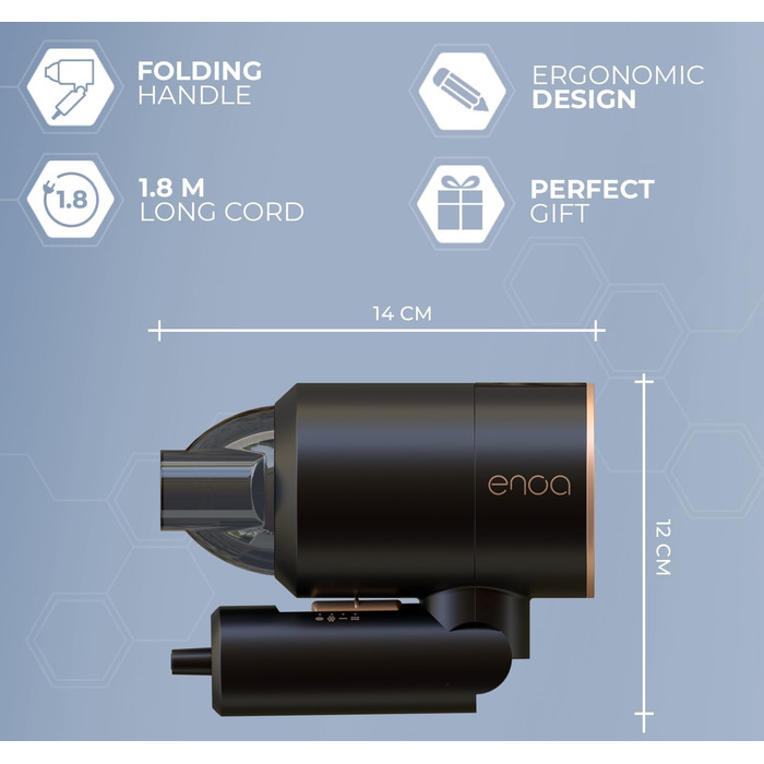 Складаний дорожній фен ENOA X4, компактний, потужний, двигун 1100 Вт, складна ручка, 3 режими швидкості, швидке сушіння, тихий, легкий, низьке споживання