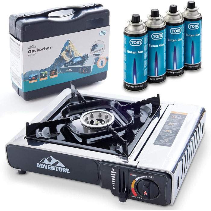 Газовий наметний котел TOM Adventure з нержавіючої сталі (4 картриджі, кейс) – Piezo запалювання, 1 конфорка