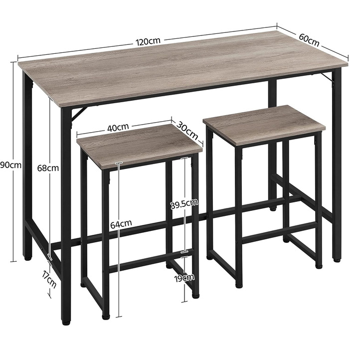 Набір кухонних столів з 2 барними стільцями, 120x60x90 см, промисловий дизайн, вінтаж коричнево-сірий, 3 шт.