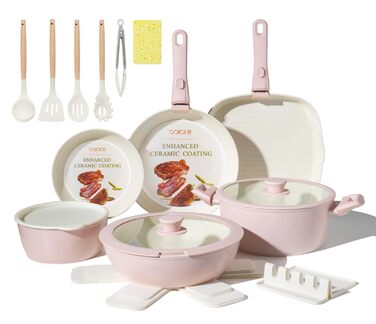 Набір каструль та сковорідок 23 частини з антипригарним покриттям. Керамічний набір посуду з знімними ручками, сумісний з усіма типами плит та духовкою. Без PFAS, PTFE, PFOA. Кремово-білий колір.