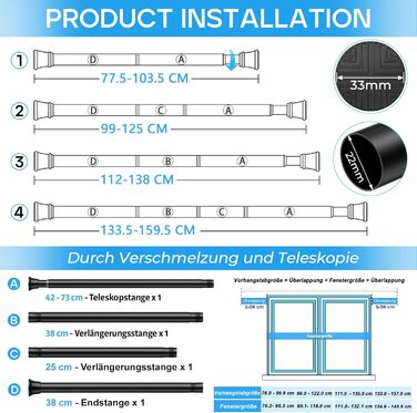 Набір з 2 штук штанги для карниза без свердління, 76-165 см. Підходить для душу, вікна, кухні, шафи. Чорний колір.