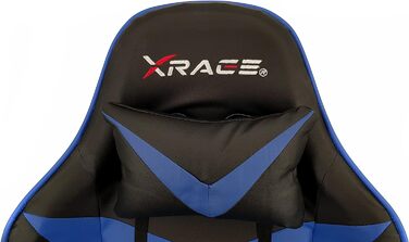 Ігрове крісло xRace шкіряне, з поперековою підтримкою, підголовником, підставкою для ніг, регульоване, з можливістю нахилу (синє)