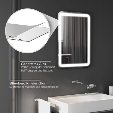Дзеркало для ванної кімнати HOMCOM з підсвічуванням 50 x 70 см, LED, 3 кольори світла, сенсорне управління, функція пам'яті, антизапар, срібло