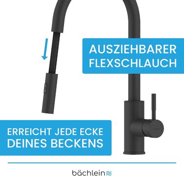 Змішувач для кухні Bchlein Plivo - Змішувач для раковини з одним важелем, поворот на 360, нержавіюча сталь, розсувний, чорний