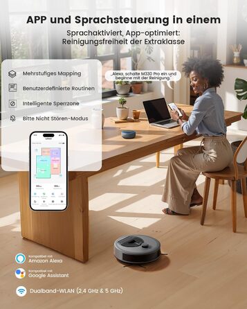 Робот-пилосос LEFANT M330 Pro з функцією миття, 5000Pa, лазерна навігація, PSD-технологія, керування через додаток, 160 хв роботи, для тварин, килимів, твердих підлог, сірий