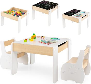 Дерев'яний дитячий стіл з 2 стільцями DREAMADE, 3 шт. Дитяча меблева група з двостороннім столом та місцем для зберігання, набір меблів для дітей, для хлопчиків та дівчаток (білий)