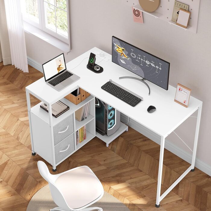 Кутовий стіл WOLTU білий з USB-роз'ємами (A/C) 120x80x75 см - стіл для комп'ютера з полицею та підключенням до електромережі, металевий каркас