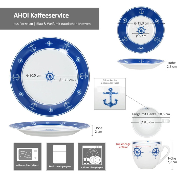 MamboCat AHOI кавовий сервіс 18 предметів (6 осіб) блакитно-білий порцелан з морськими мотивами (якір) | 6 чашок 200 мл, 6 тарілок, 6 підставок