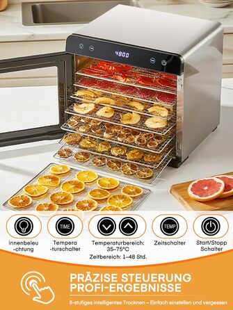 Електричний дегідратор FOHERE з нержавіючої сталі, 650W, 8 ярусів, таймер 48h, 35-75°C - для овочів, м'яса, трав, здорових перекусів та кемпінгу