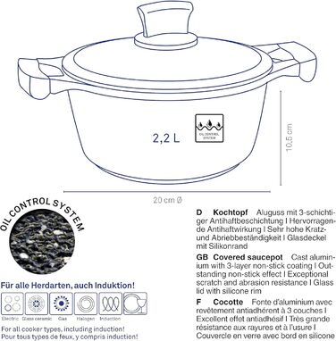 Каструля kela Stella Nova, Ø 20 см, 2,2 л, литий алюміній, чорний, основа для всієї плити, антипригарна, скляна кришка, м'який дотик, 180C