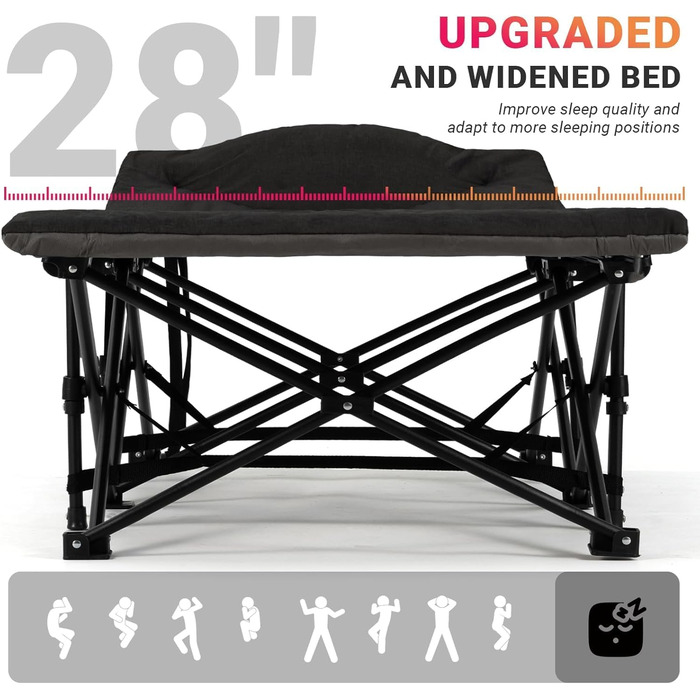 Розкладне кемпінгове ліжко OVERMONT з матрацом, 190x70x40 см, витримує до 250 кг, тканина Оксфорд, з кишенею та сумкою для перенесення, чорне