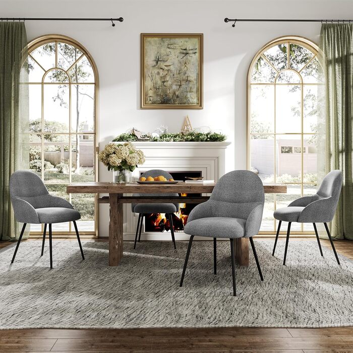 Набір обідніх стільців з підлокітниками – ергономічні м'які стільці, сучасні кухонні стільці з льоновим покриттям та металевими ніжками, для вітальні, обідньої кімнати, кухні, бежевий (2 шт., льон світло-сірий)