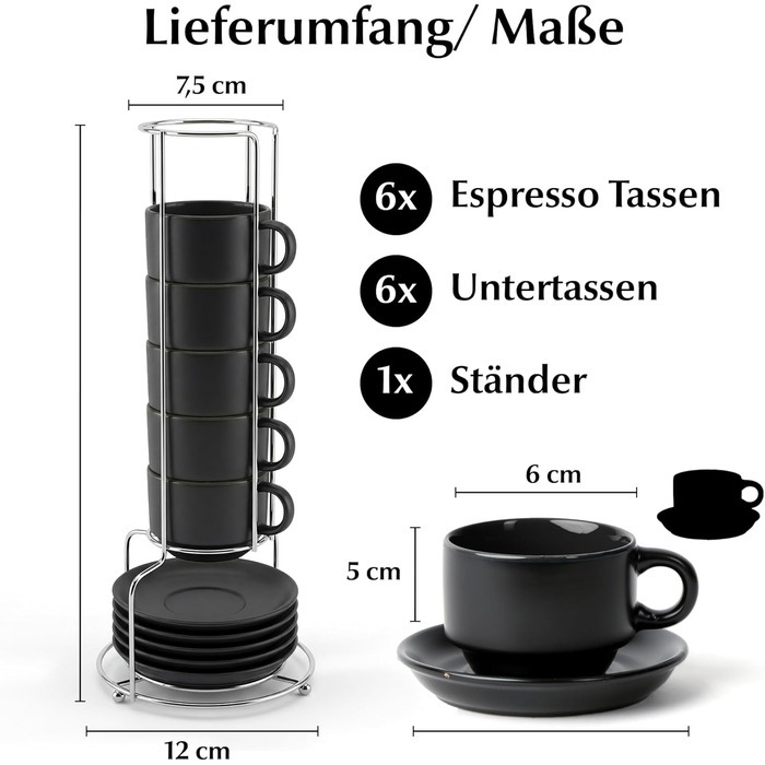 Набір кавових чашок Miamio Le Papillon (Чорний) 6 шт. по 75 мл з підставкою та стійкою