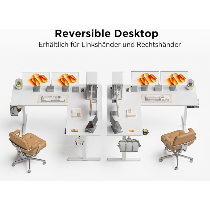 Електричний кутовий стіл L-подібної форми, 190 x 150 см. Регулювання висоти, стіл для офісу, ігровий стіл з керуванням кабелями, білий.