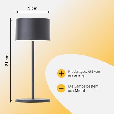 LED настільна лампа Brilliant з диммуванням, акумулятор, сенсорне керування, тепле світло, стильний дизайн, USB-зарядка, чорний колір