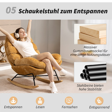 Крісло-гойдалка HOMCOM з м'яким сидінням, сталевими ніжками та дерев'яними ковзанами, жовтого кольору