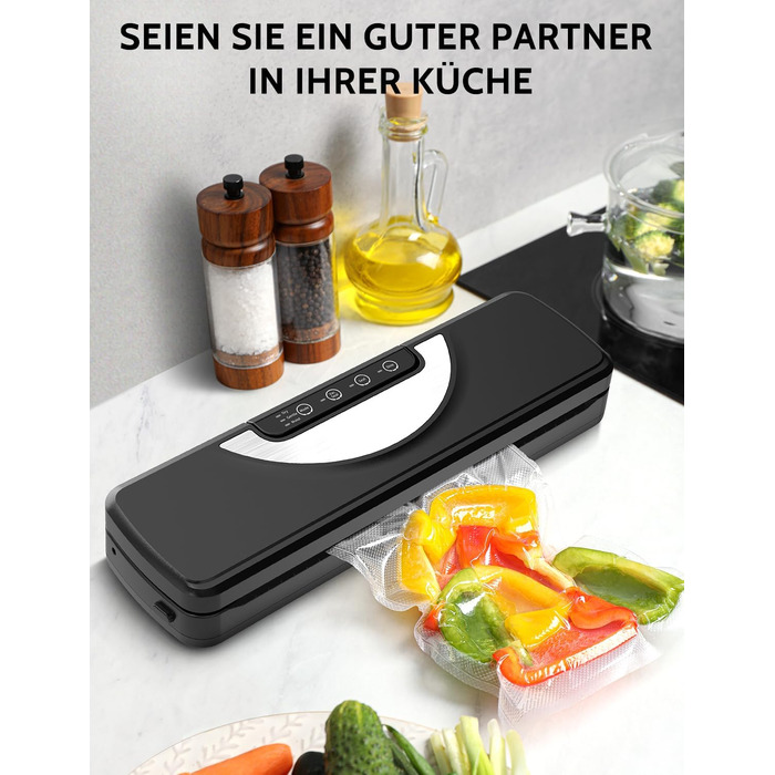 Вакууматор 5 в 1 для продуктів з вбудованим різаком та функцією Sous Vide, вакуумний пакувальник з набором пакетів та шлангом, чорний