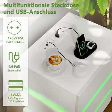 Тумбочка Lvhecforhm з USB, LED і 3 висувними ящиками, глянцевий, чорний/білий