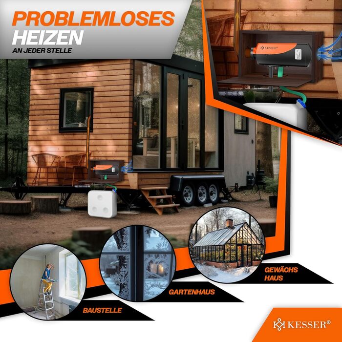 Дизельний опалювач KESSER® 12/24V з таймером, LCD-дисплеєм та пультом дистанційного керування | Швидкий нагрів | Опалювач з шумопоглиначем та термостатом (червоний, чорний/помаранчевий, 8kW)