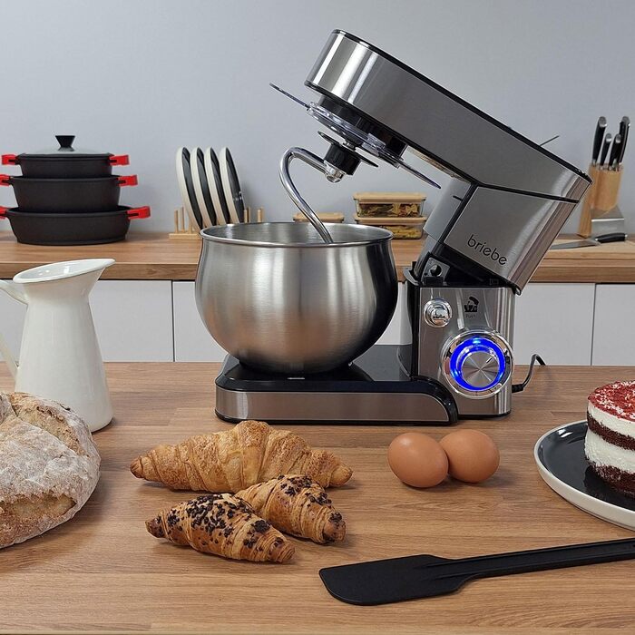 Професійна кухонна машина для замішування тіста Briebe KM1114, 1800W, 5л, 6 швидкостей, збірна чаша, міксер, гак для тіста, венчик