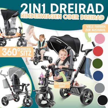 Триколісний велосипед KIDIZ 6-в-1 з ручкою, кошиком, сонцезахисним козирком до 25 кг (Чорний)