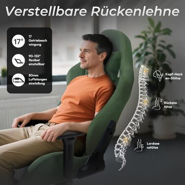 Ігровий крісло Dowinx з мікрофібри, дихаючий та ергономічний офісний стілець, м'яке відчуття як хутро, регульований стілець з підніжкою (зелений)