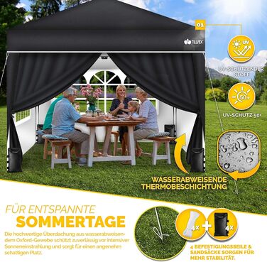 Павільйон Tillvex водовідштовхувальний з 4-ма мішками з піском | Pop-Up павільйон, стабільний та регульований по висоті | Садовий намет з UV захистом 50+ | Павільйон для вечірок з сумкою для саду (антрацит) (3x3м з 4 боковинами, 3 x 3 м, чорний, з 4 стінк