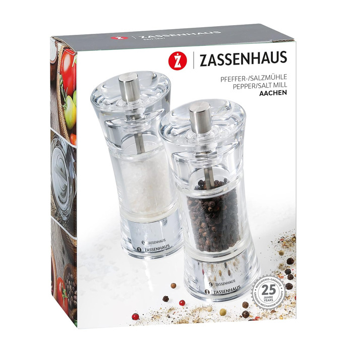 Набір подрібнювачів перцю та солі Zassenhaus AACHEN, самонаповнювальні, Ø 5,8 см H 14 см, акриловий контейнер, керамічна кавомолка, подрібнювач спецій, а також для інших спецій