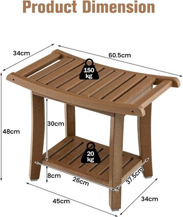 Двомісний стілець для душу HOMASIS з полицею, витримує до 170 кг, з HDPE, з 2 ручками та антиковзними накладками, для літніх людей та дорослих (колір: коричневий)