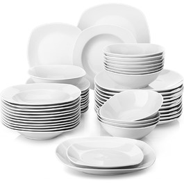 Серія Elisa, 48 шт. Порцеляновий сервіз комбінований набір посуду, 12 десертних тарілок, 12 супових тарілок, 12 плоских тарілок і 12 пластівців на 12 осіб, сіро-білий