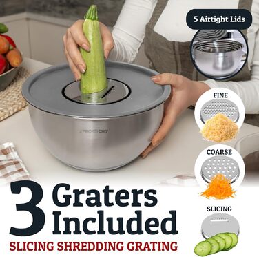 Набір міксерів PriorityChef з нержавіючої сталі з кришками, 3 насадки-терки, герметичні кришки, силіконова антиковзаюча основа, великі кухонні миски для приготування їжі, зелений (сірий)