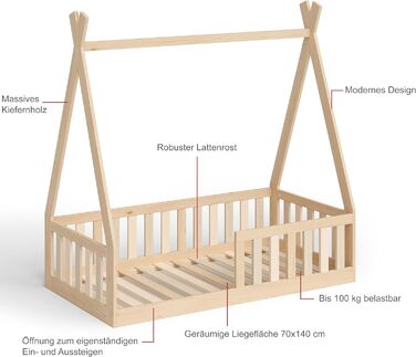 Дитяче ліжко-вігвам Bellabino Tajo для дітей 70х140 см, ліжко-будиночок з масиву сосни із захистом від падіння/огорожею та рейковим каркасом для дітей від 3-х років (натуральний)